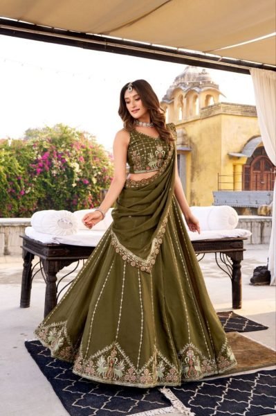 Mahendi Green Star Gorget Lehenga Choli Set with Cancan & Canvas Support at Direct Mill Price Designer Lehenga Choli