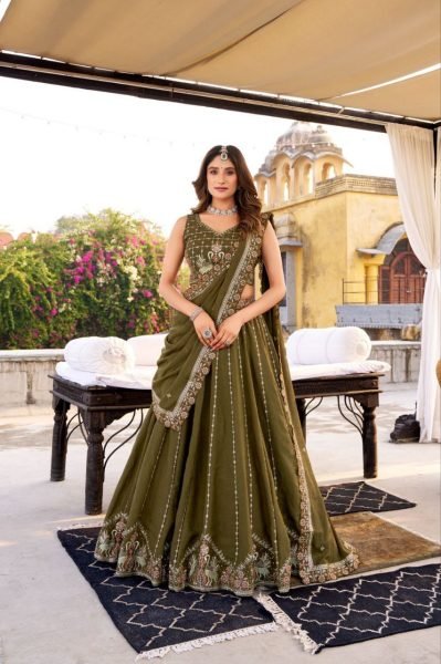 Mahendi Green Star Gorget Lehenga Choli Set with Cancan & Canvas Support at Direct Mill Price Designer Lehenga Choli