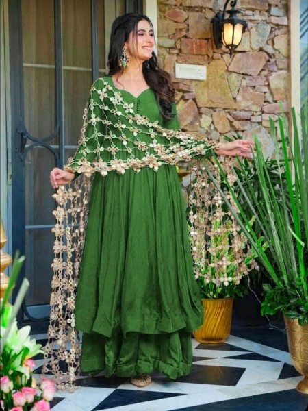 Mahendi Green Stylish Anarkali Plazo Suit with Real Mirror Work for Festive Wear 