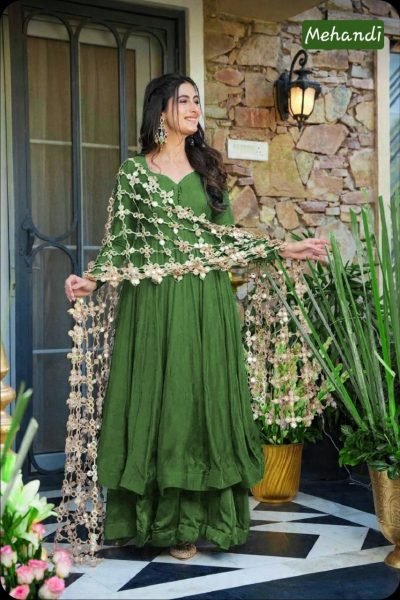 Mahendi Green Stylish Anarkali Plazo Suit with Real Mirror Work for Festive Wear Ready To Wear Collection
