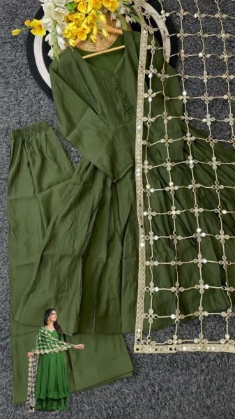 Mahendi Green Stylish Anarkali Plazo Suit with Real Mirror Work for Festive Wear Ready To Wear Collection