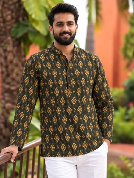 Mahendi Green Stylish Printed Cotton Kurta for Men with Full Sleeves at Manufacturer  