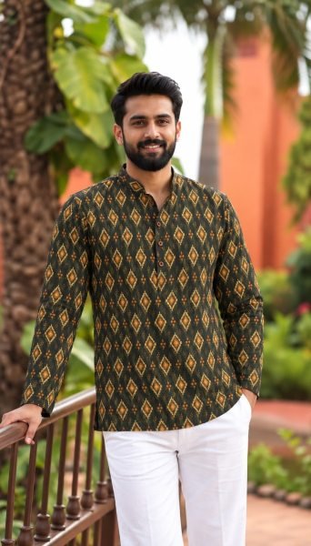 Mahendi Green Stylish Printed Cotton Kurta for Men with Full Sleeves at Manufacturer  Mens Short Kurta