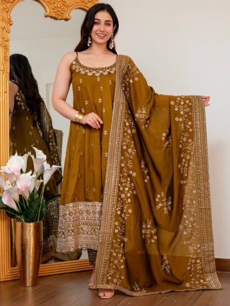 Mahendi Green Vichitra Silk Heavy Embroidered Gown Set with Dupatta for Wedding Functions 