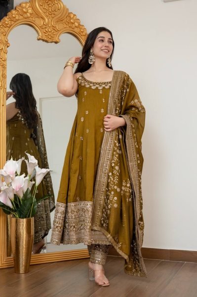 Mahendi Green Vichitra Silk Heavy Embroidered Gown Set with Dupatta for Wedding Functions Ready To Wear Collection