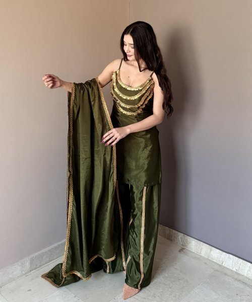 Mahendi Green Wedding Special Designer Chinon Kurti Set at Wholesale Rate Ready To Wear Collection