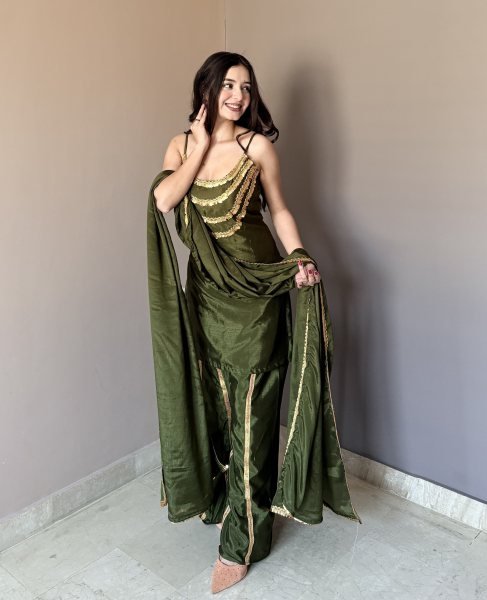 Mahendi Green Wedding Special Designer Chinon Kurti Set at Wholesale Rate Ready To Wear Collection