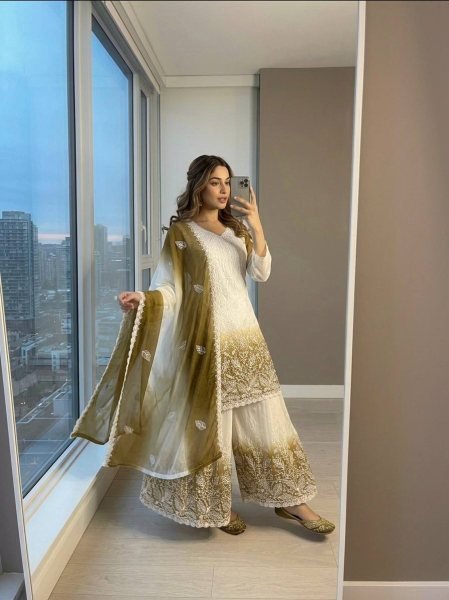 Mahendi Green White Ethnic Wear Dual Tone Star Georgette Suit with Jarkan Diamond Work Ready To Wear Collection