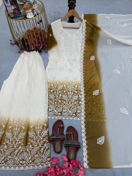 Mahendi Green White Ethnic Wear Dual Tone Star Georgette Suit with Jarkan Diamond Work Ready To Wear Collection