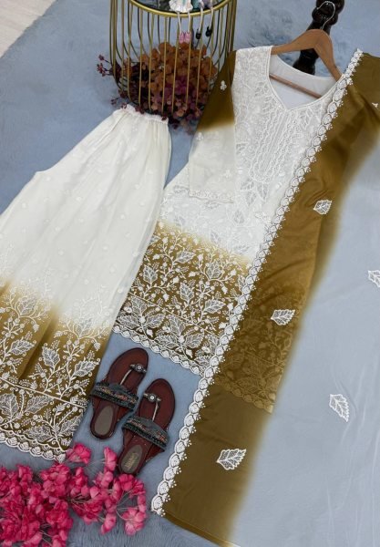 Mahendi Green White Ethnic Wear Dual Tone Star Georgette Suit with Jarkan Diamond Work Ready To Wear Collection