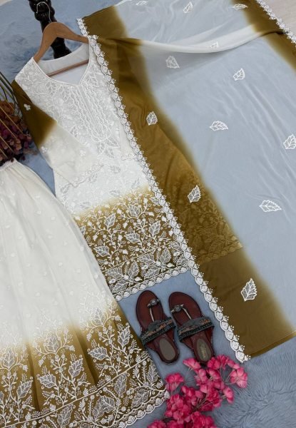 Mahendi Green White Ethnic Wear Dual Tone Star Georgette Suit with Jarkan Diamond Work Ready To Wear Collection