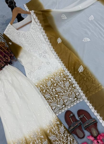 Mahendi Green White Ethnic Wear Dual Tone Star Georgette Suit with Jarkan Diamond Work Ready To Wear Collection