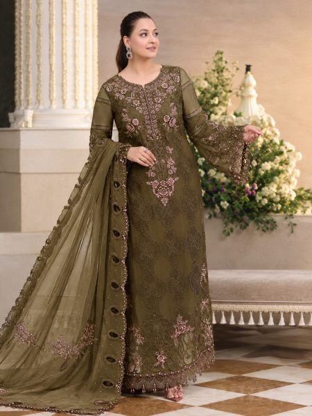 Mahndi Green Premium Chiffon Heavy Embroidered Suit with Chiffon Dupatta at Wholesale Rate 