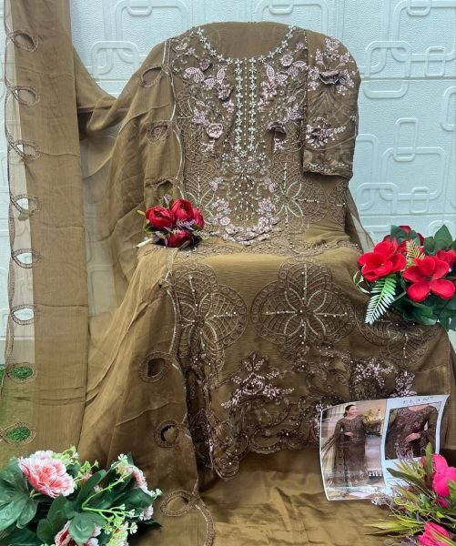 Mahndi Green Premium Chiffon Heavy Embroidered Suit with Chiffon Dupatta at Wholesale Rate Pakistani Suits Wholesale