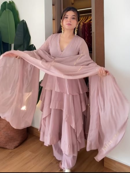 Majestic Baby Pink Mal Chanderi Ready-to-Wear Sharara Suit Set with Heavy Embroidery 
