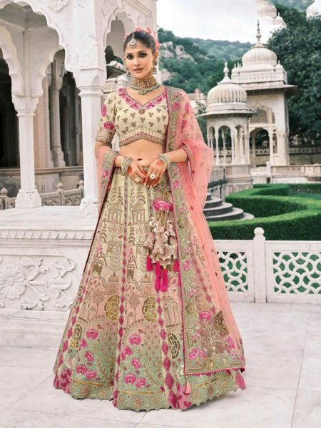Majestic Beige And Peach Tissue Zari Sembroidered Wedding Lehenga Choli 