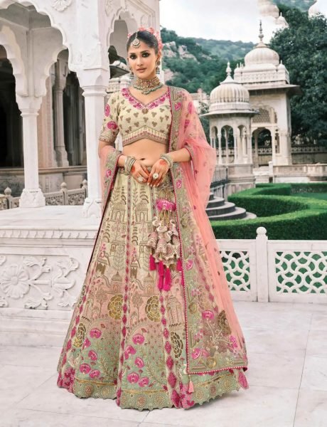 Majestic Beige And Peach Tissue Zari Sembroidered Wedding Lehenga Choli Bridal Lehenga Choli