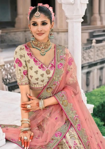 Majestic Beige And Peach Tissue Zari Sembroidered Wedding Lehenga Choli Bridal Lehenga Choli