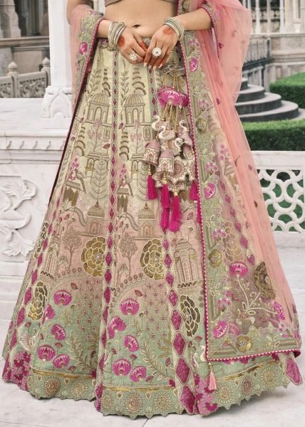 Majestic Beige And Peach Tissue Zari Sembroidered Wedding Lehenga Choli Bridal Lehenga Choli