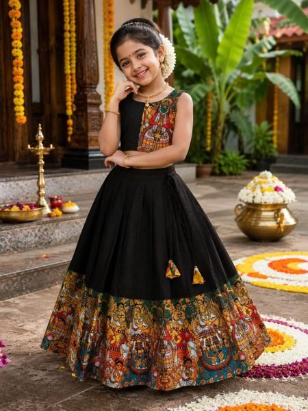 Majestic Black Color Kids Onam Festival Lehenga Choli with Kerala Kathakali Digital Print 