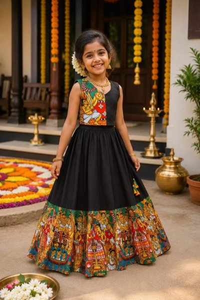 Majestic Black Color Kids Onam Festival Lehenga Choli with Kerala Kathakali Digital Print Girls Wear