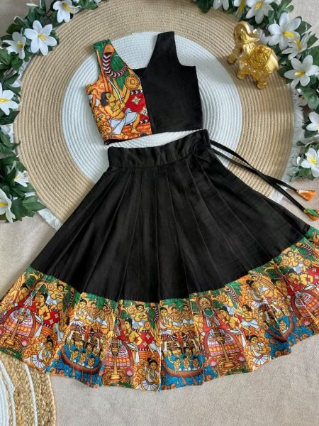 Majestic Black Color Kids Onam Festival Lehenga Choli with Kerala Kathakali Digital Print Girls Wear