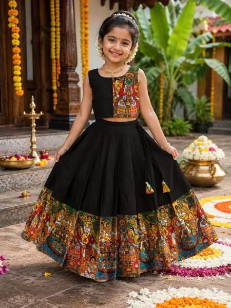 Majestic Black Color Kids Onam Festival Lehenga Choli with Kerala Kathakali Digital Print Girls Wear
