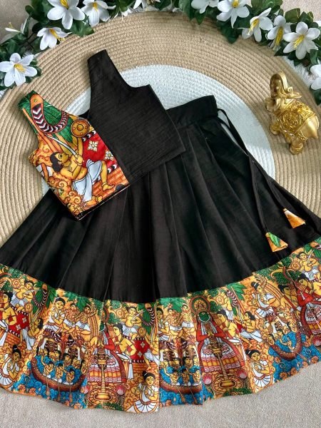 Majestic Black Color Kids Onam Festival Lehenga Choli with Kerala Kathakali Digital Print Girls Wear