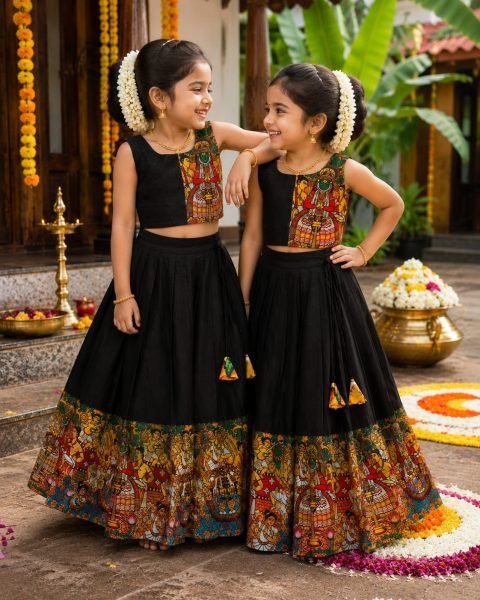 Majestic Black Color Kids Onam Festival Lehenga Choli with Kerala Kathakali Digital Print Girls Wear