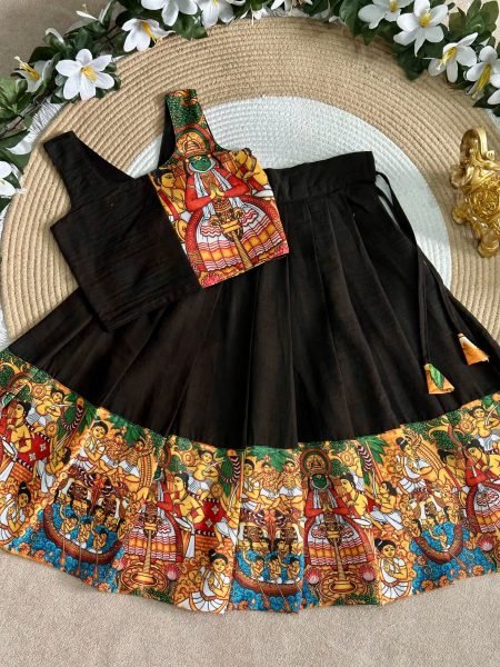 Majestic Black Color Kids Onam Festival Lehenga Choli with Kerala Kathakali Digital Print Girls Wear