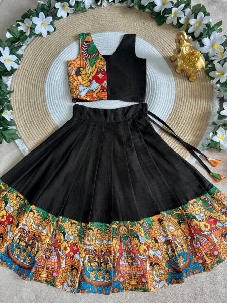 Majestic Black Color Kids Onam Festival Lehenga Choli with Kerala Kathakali Digital Print Girls Wear