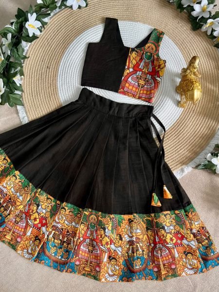 Majestic Black Color Kids Onam Festival Lehenga Choli with Kerala Kathakali Digital Print Girls Wear