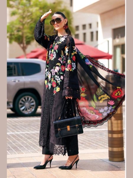 Majestic Black Designer Cotton Chikankari Suit Set with Maslin Print Dupatta for Women Salwar Kameez