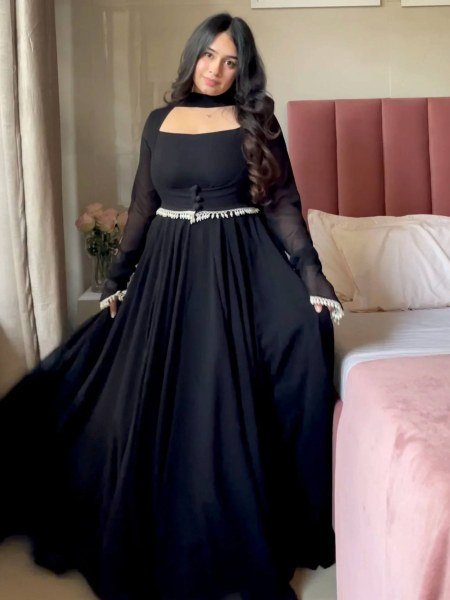 Majestic Black Faux Georgette Maxi Anarkali Suit at Manufacturer Rate 