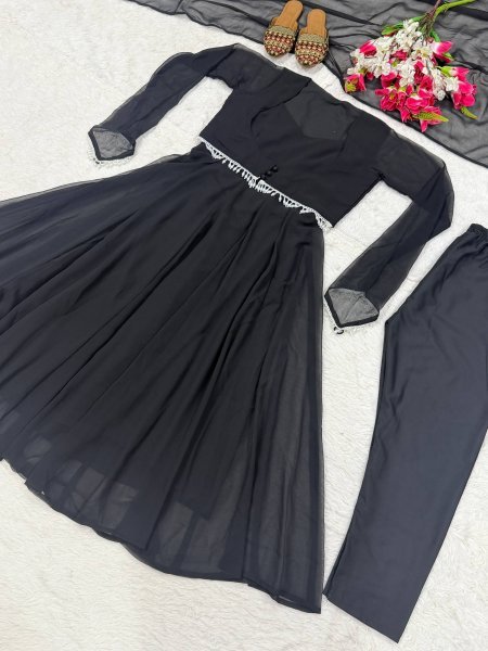 Majestic Black Faux Georgette Maxi Anarkali Suit at Manufacturer Rate Ready To Wear Collection