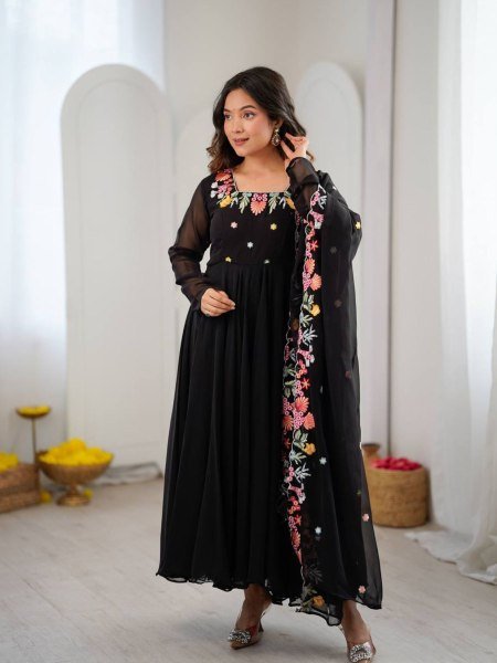 Majestic Black Georgette Anarkali Suits Set With Beautiful Embroidery Work For Party Wear Suits 