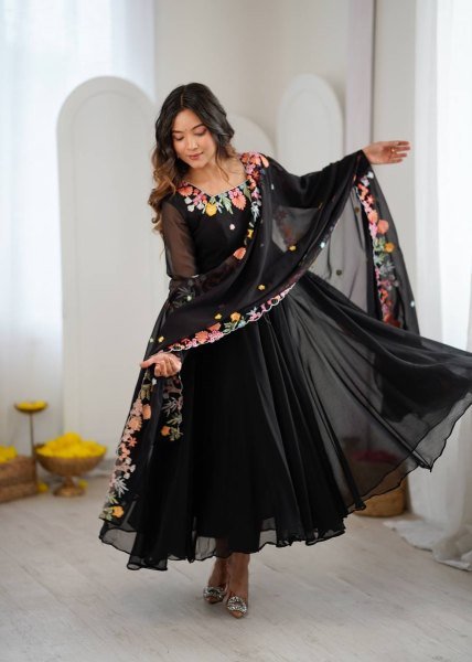 Majestic Black Georgette Anarkali Suits Set With Beautiful Embroidery Work For Party Wear Suits Ready To Wear Collection