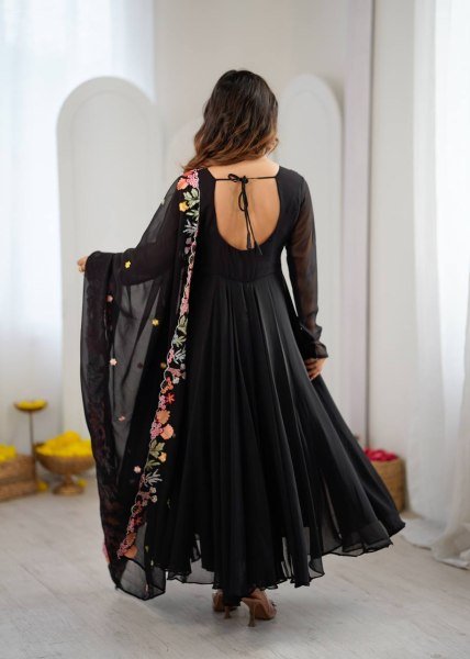 Majestic Black Georgette Anarkali Suits Set With Beautiful Embroidery Work For Party Wear Suits Ready To Wear Collection