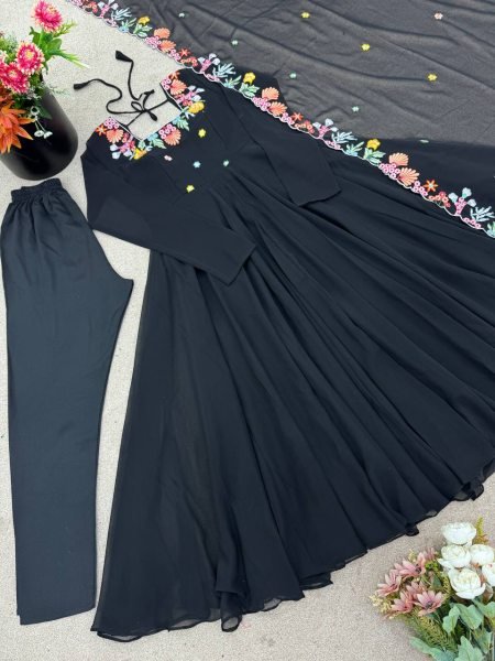 Majestic Black Georgette Anarkali Suits Set With Beautiful Embroidery Work For Party Wear Suits Ready To Wear Collection