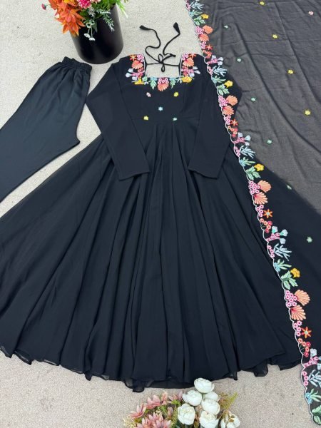 Majestic Black Georgette Anarkali Suits Set With Beautiful Embroidery Work For Party Wear Suits Ready To Wear Collection