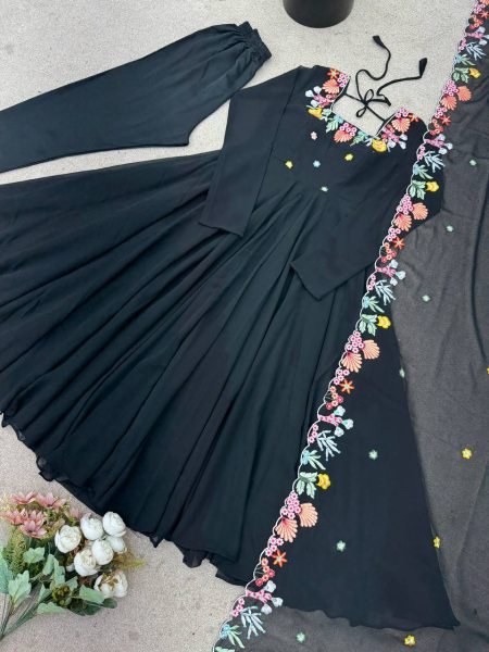 Majestic Black Georgette Anarkali Suits Set With Beautiful Embroidery Work For Party Wear Suits Ready To Wear Collection