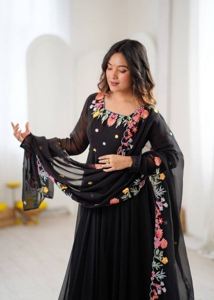 Majestic Black Georgette Anarkali Suits Set With Beautiful Embroidery Work For Party Wear Suits Ready To Wear Collection