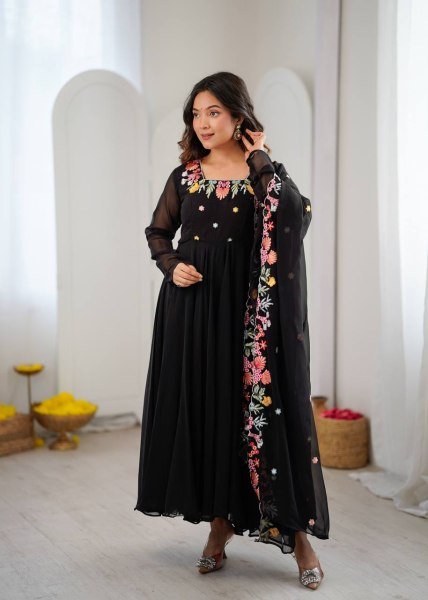 Majestic Black Georgette Anarkali Suits Set With Beautiful Embroidery Work For Party Wear Suits Ready To Wear Collection