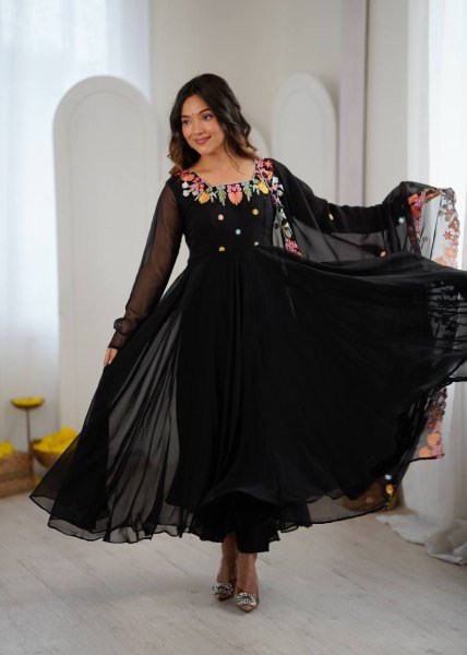 Majestic Black Georgette Anarkali Suits Set With Beautiful Embroidery Work For Party Wear Suits Ready To Wear Collection