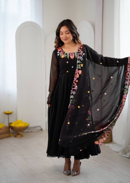 Majestic Black Georgette Anarkali Suits Set With Beautiful Embroidery Work For Party Wear Suits Ready To Wear Collection
