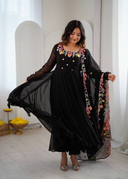 Majestic Black Georgette Anarkali Suits Set With Beautiful Embroidery Work For Party Wear Suits Ready To Wear Collection