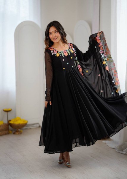 Majestic Black Georgette Anarkali Suits Set With Beautiful Embroidery Work For Party Wear Suits Ready To Wear Collection