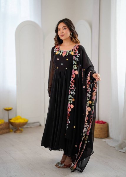 Majestic Black Georgette Anarkali Suits Set With Beautiful Embroidery Work For Party Wear Suits Ready To Wear Collection