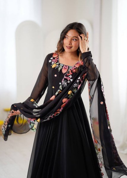 Majestic Black Georgette Anarkali Suits Set With Beautiful Embroidery Work For Party Wear Suits Ready To Wear Collection