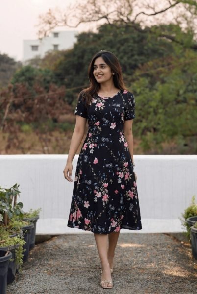 Majestic Black Printed Cotton Silk Maxi Dress with Butterfly Sleeves Western Ladies Top Wholesale